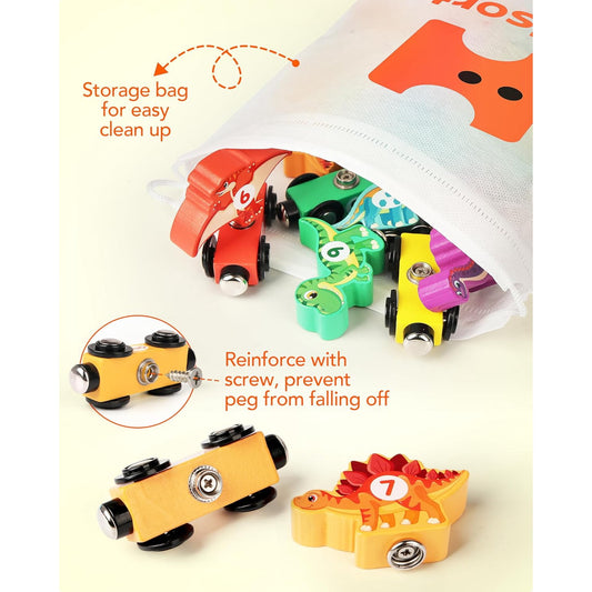 Wooden Dinosaur Train Set, Learning Dinosaur Toys and Number Train for Toddlers, Educational Montessori Toy for Counting and Motor Skills, for 3-5 Year Old Boys Girls