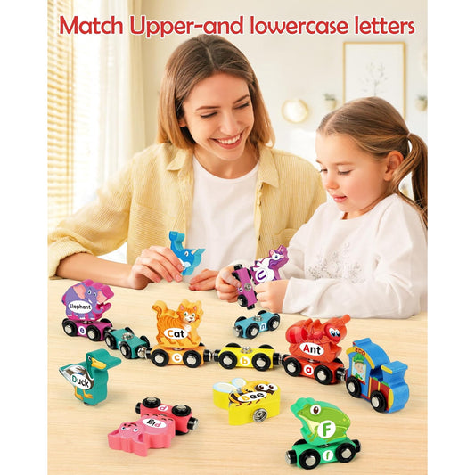 Wooden Alphabet Train Set for Toddlers – Magnetic ABC Train with Snap-Connection, Animal-Themed Educational Preschool Toy for Kids Ages 3-5, Montessori STEM Learning Gift for Boys and Girls