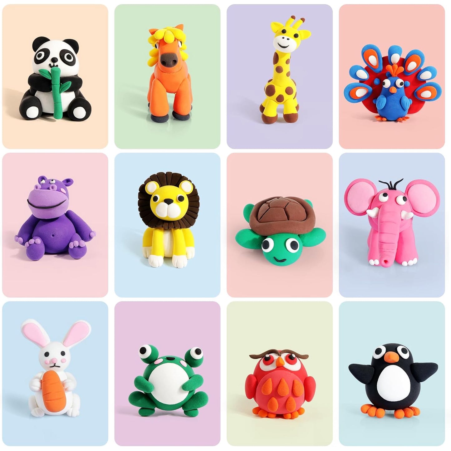 Air Dry Clay Kit for Kids, 12 Animals Modeling Clay with Tutorial Cards & Video, 8 Sculpting Tools, Ultra Light, Safe & Non-Toxic, Arts and Crafts Toys Easter Gifts for Boys Girls