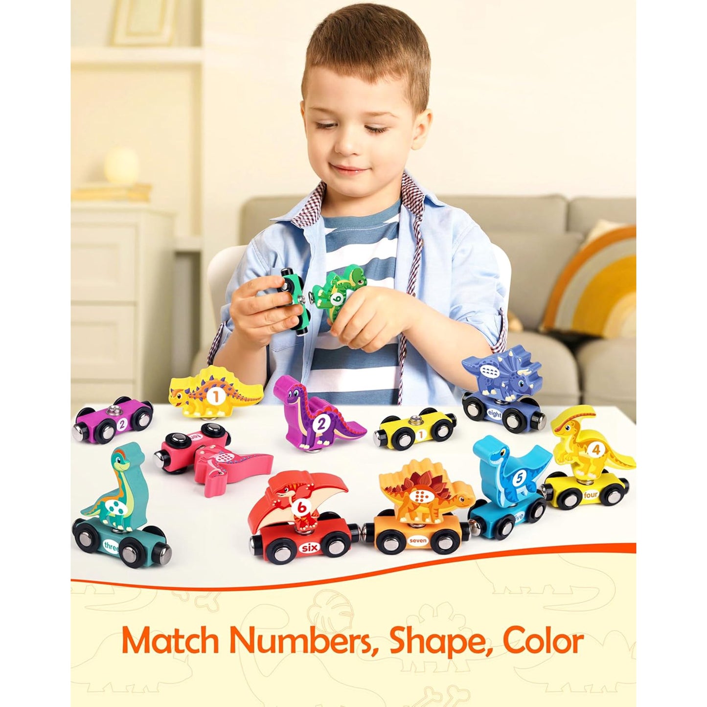 Wooden Dinosaur Train Set, Learning Dinosaur Toys and Number Train for Toddlers, Educational Montessori Toy for Counting and Motor Skills, for 3-5 Year Old Boys Girls