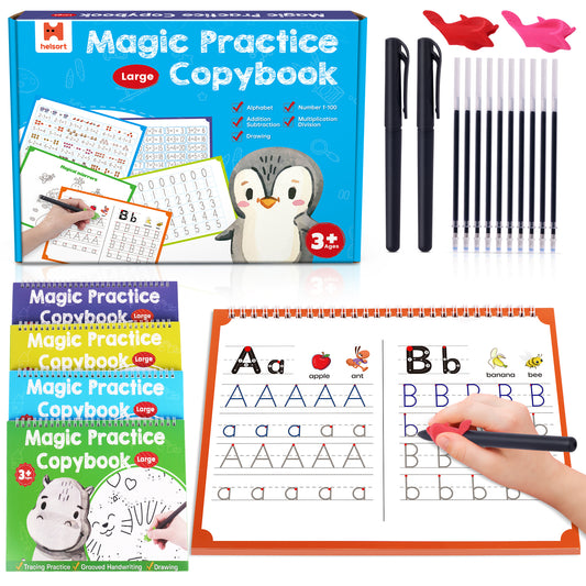 Large Magic Grooved Writing Practice Books for Kids, Reusable Grooved Handwriting Workbooks, Number Letter Tracing Books for Kids Age 3-8 Kindergarten Preschool Calligraphy
