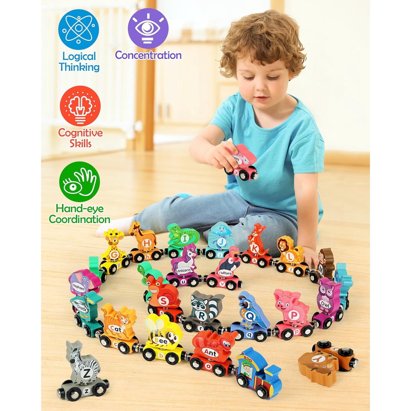 Wooden Alphabet Train Set for Toddlers – Magnetic ABC Train with Snap-Connection, Animal-Themed Educational Preschool Toy for Kids Ages 3-5, Montessori STEM Learning Gift for Boys and Girls
