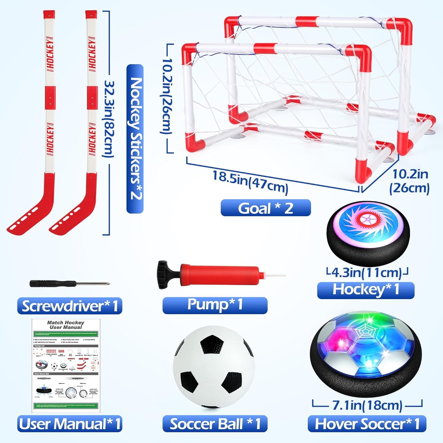 Hover Soccer Ball Set, Hover Hockey Set for Kids, Air Floating Soccer Toys Hockey Ball with Led Light, Indoor Outdoor Sports Toys & Games, Christmas Birthday Gifts for 3-12 Years Boy Girl