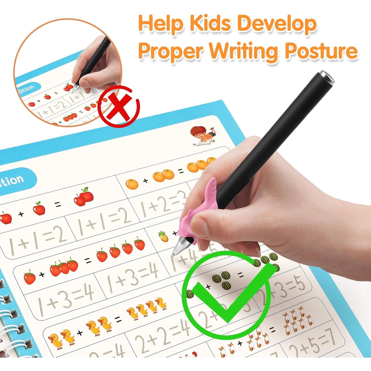 Large Magic Grooved Practice Copybook for Kids, Reusable Grooved Handwriting Workbook with Pen,Pencil Grisp, Learn to Write Number Letter Tracing for Kids Ages 3-8 Kindergarten Preschool Calligraphy