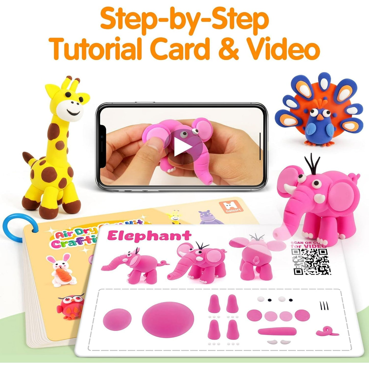 Air Dry Clay Kit for Kids, 12 Animals Modeling Clay with Tutorial Cards & Video, 8 Sculpting Tools, Ultra Light, Safe & Non-Toxic, Arts and Crafts Toys Easter Gifts for Boys Girls