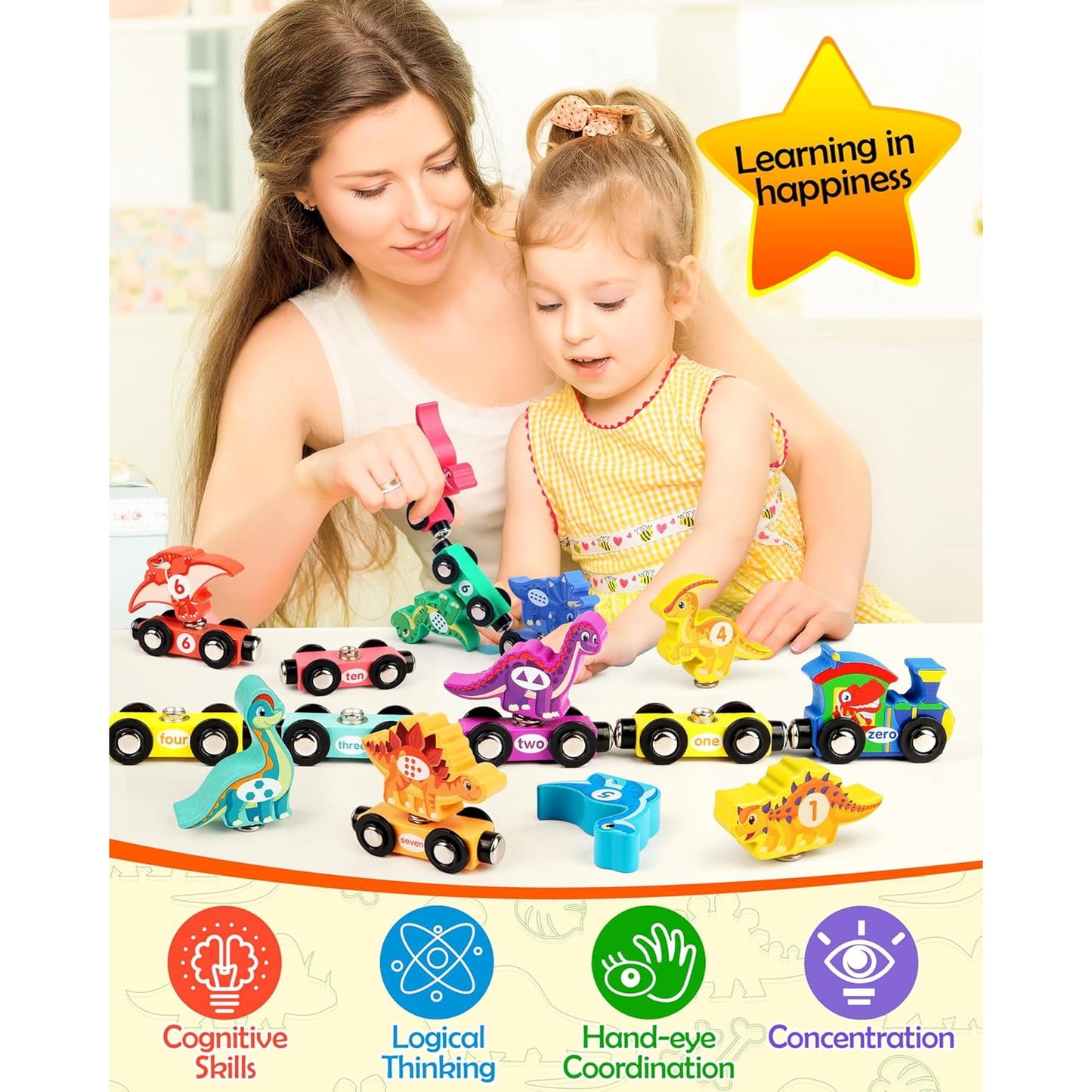 Wooden Dinosaur Train Set, Learning Dinosaur Toys and Number Train for Toddlers, Educational Montessori Toy for Counting and Motor Skills, for 3-5 Year Old Boys Girls