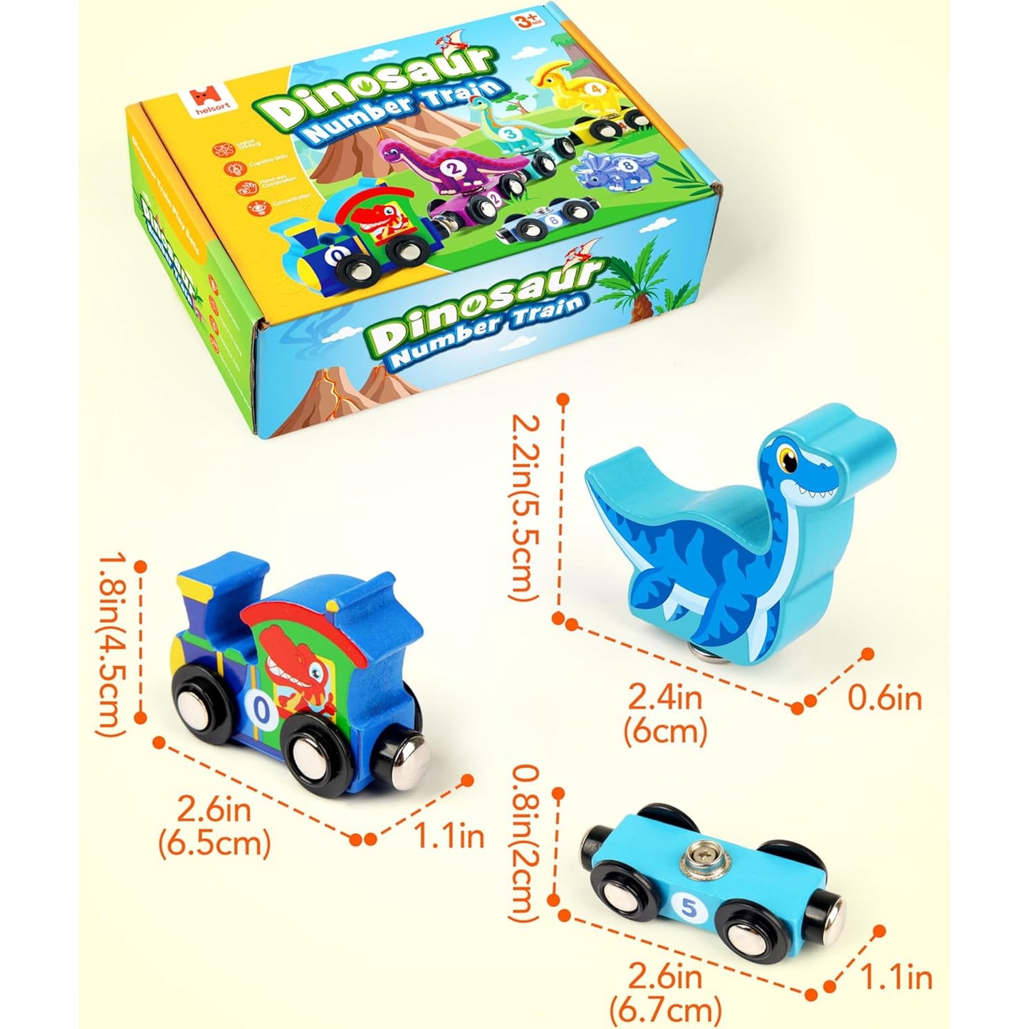 Wooden Dinosaur Train Set, Learning Dinosaur Toys and Number Train for Toddlers, Educational Montessori Toy for Counting and Motor Skills, for 3-5 Year Old Boys Girls