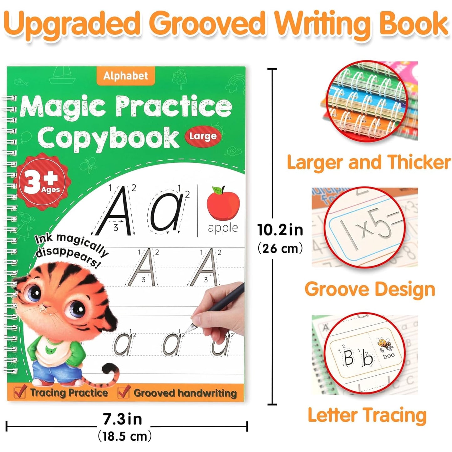 Large Magic Grooved Practice Copybook for Kids, Reusable Grooved Handwriting Workbook with Pen,Pencil Grisp, Learn to Write Number Letter Tracing for Kids Ages 3-8 Kindergarten Preschool Calligraphy