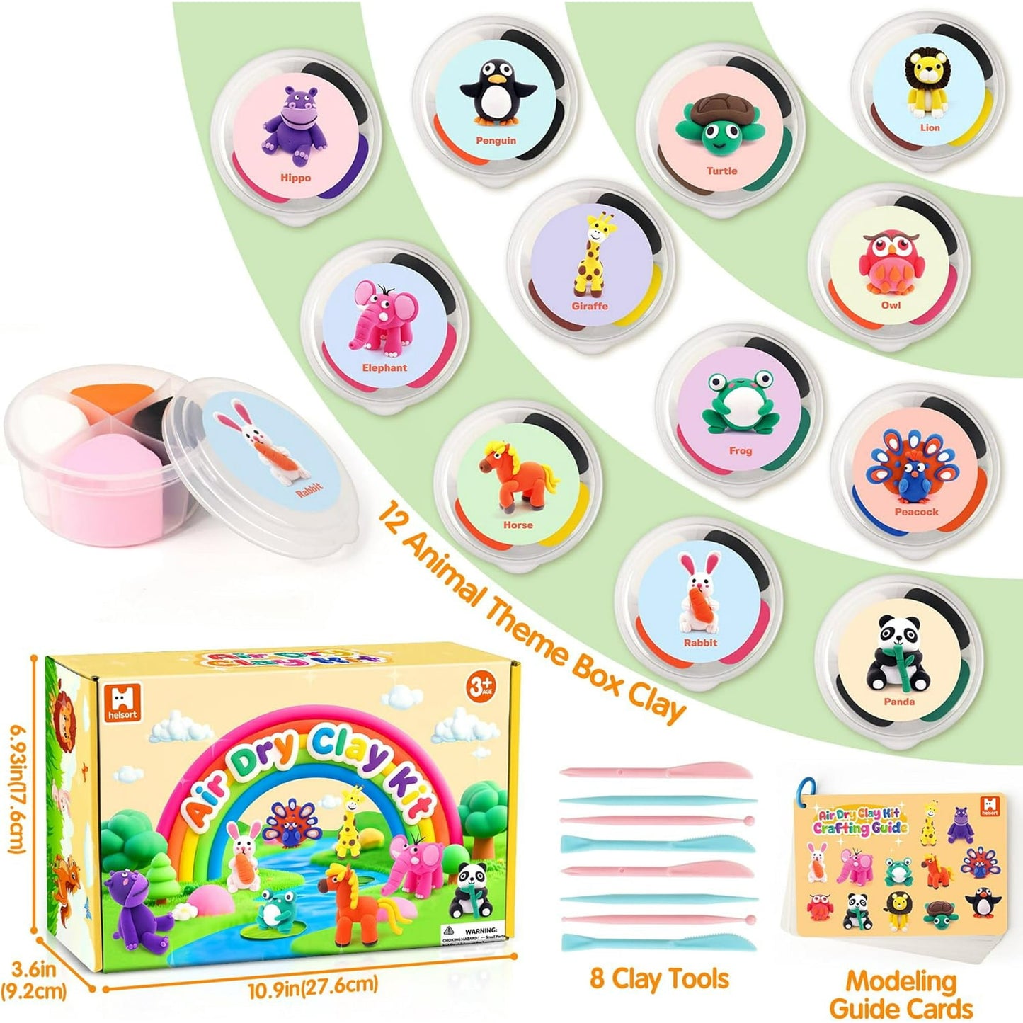 Air Dry Clay Kit for Kids, 12 Animals Modeling Clay with Tutorial Cards & Video, 8 Sculpting Tools, Ultra Light, Safe & Non-Toxic, Arts and Crafts Toys Easter Gifts for Boys Girls