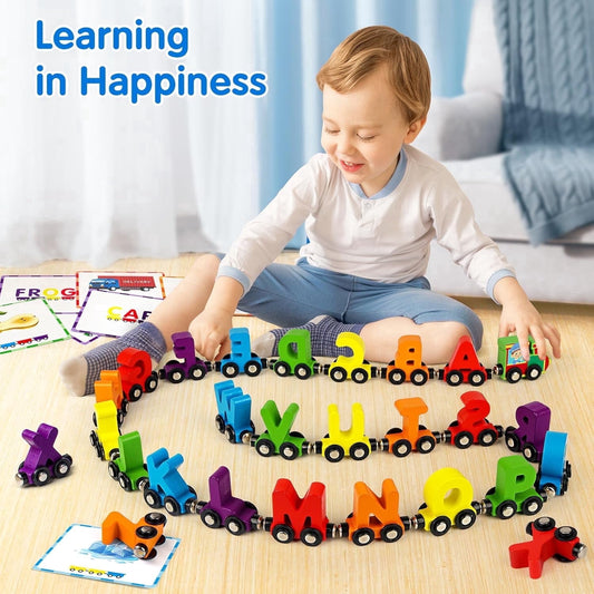 Helsort 27 PCS Wooden Alphabet Train Set, ABC Learning Toy with 42 Flash Cards, 1 Engine and Storage Bag, Educational Letter Toy Trains for Toddlers, Boys Girls, Ideal Gift for 3-7 Year Olds
