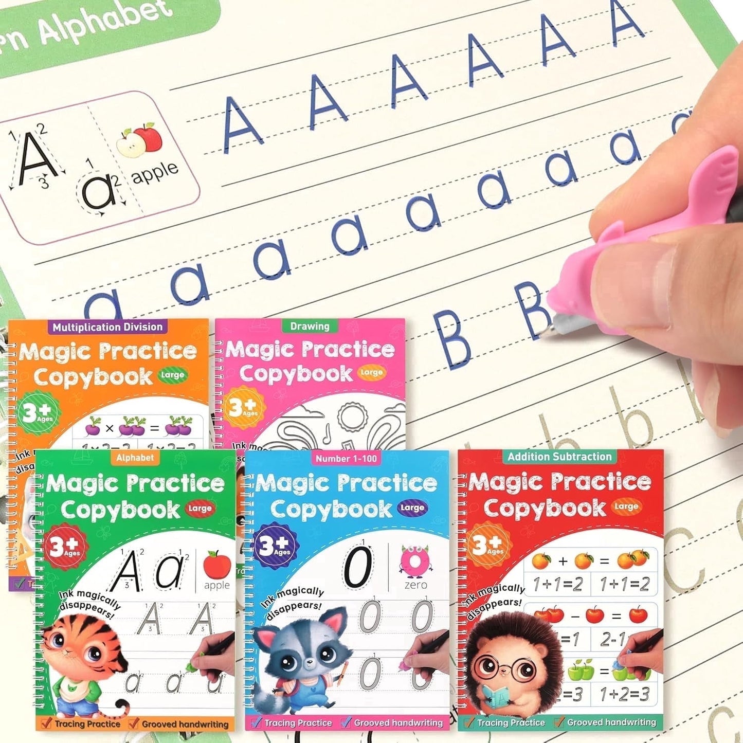 Large Magic Grooved Practice Copybook for Kids, Reusable Grooved Handwriting Workbook with Pen,Pencil Grisp, Learn to Write Number Letter Tracing for Kids Ages 3-8 Kindergarten Preschool Calligraphy
