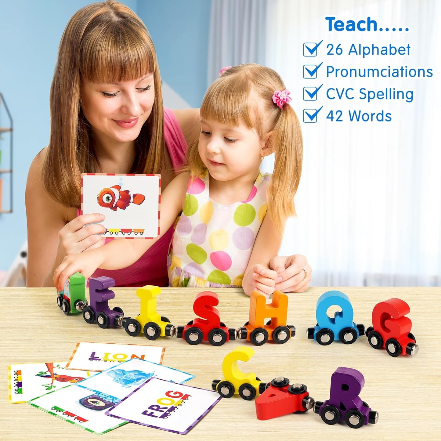 Helsort 27 PCS Wooden Alphabet Train Set, ABC Learning Toy with 42 Flash Cards, 1 Engine and Storage Bag, Educational Letter Toy Trains for Toddlers, Boys Girls, Ideal Gift for 3-7 Year Olds