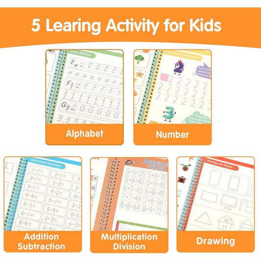 Large Magic Grooved Practice Copybook for Kids, Reusable Grooved Handwriting Workbook with Pen,Pencil Grisp, Learn to Write Number Letter Tracing for Kids Ages 3-8 Kindergarten Preschool Calligraphy