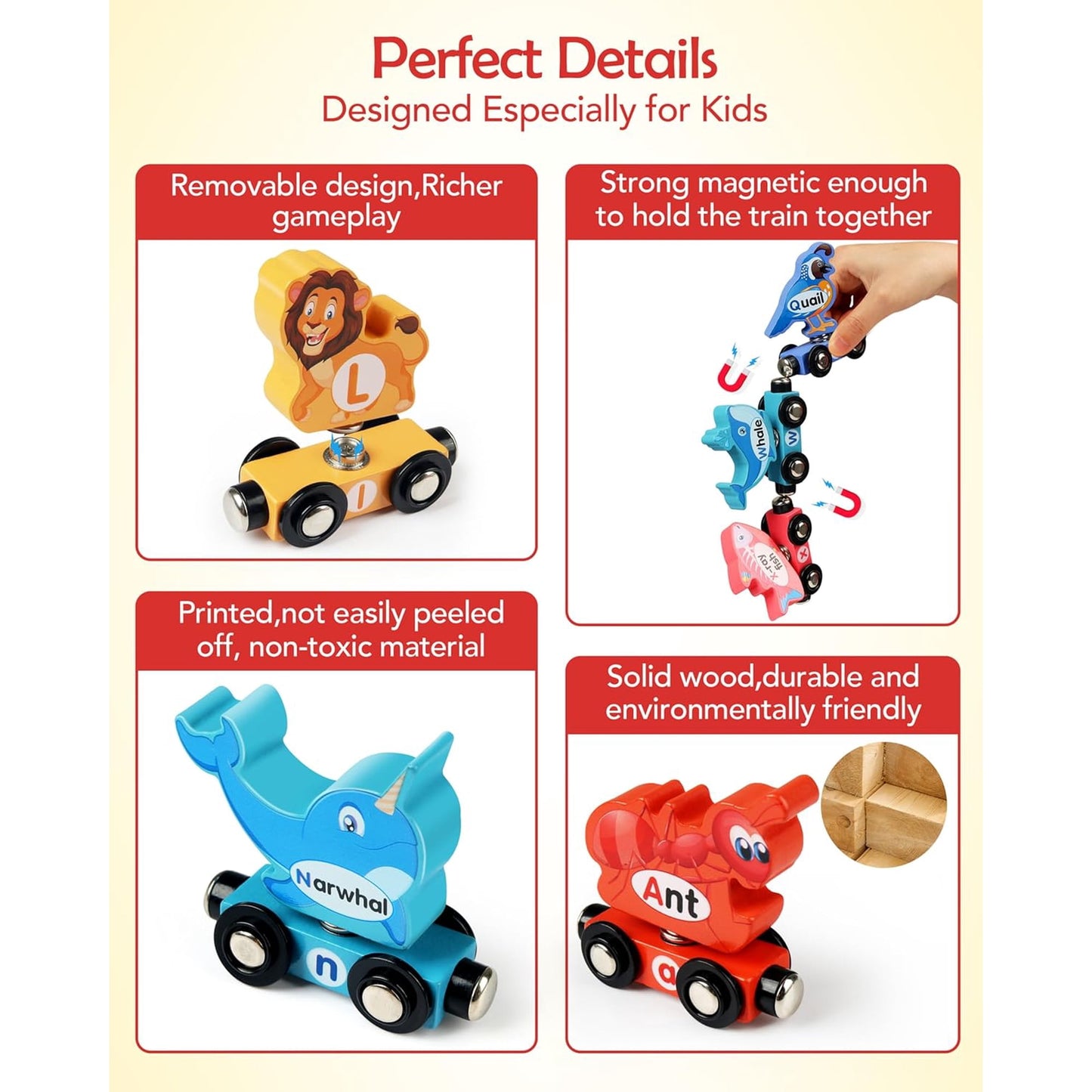 Wooden Alphabet Train Set for Toddlers – Magnetic ABC Train with Snap-Connection, Animal-Themed Educational Preschool Toy for Kids Ages 3-5, Montessori STEM Learning Gift for Boys and Girls