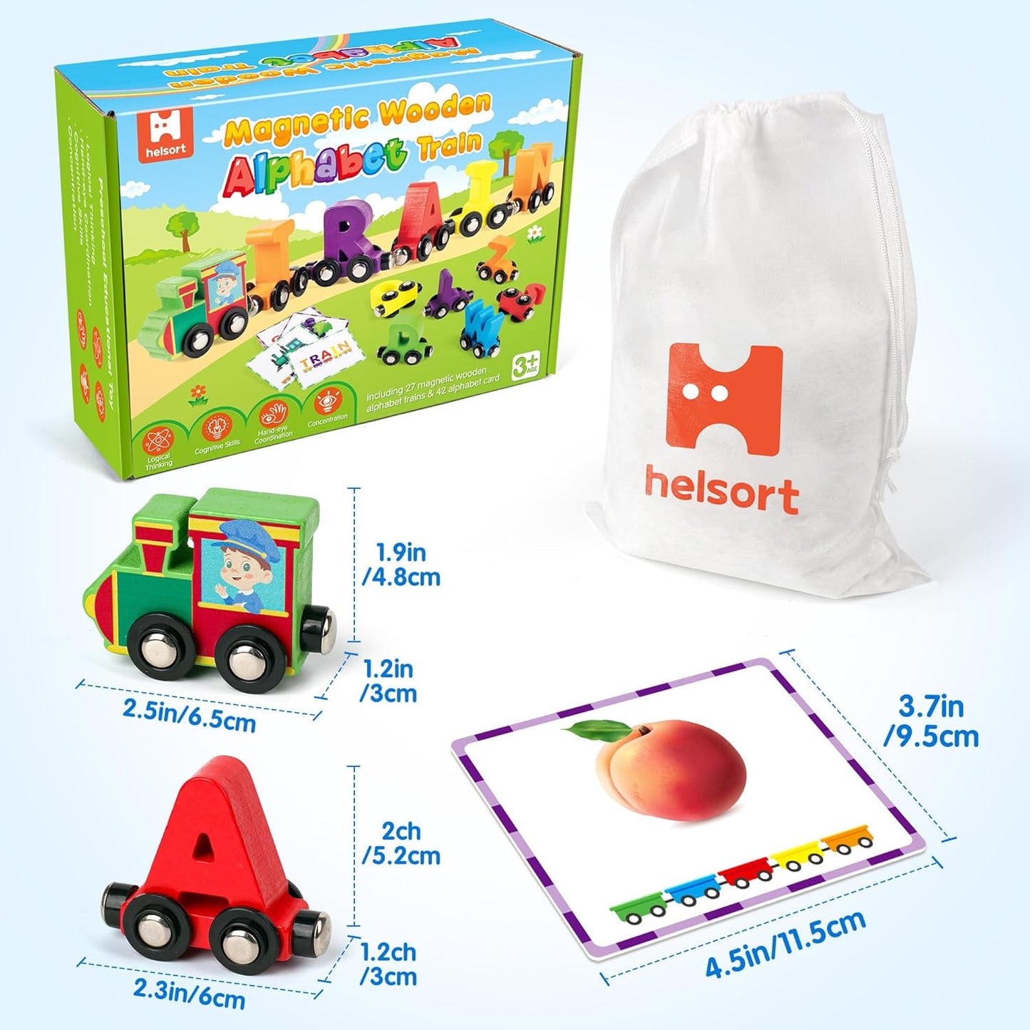 Helsort 27 PCS Wooden Alphabet Train Set, ABC Learning Toy with 42 Flash Cards, 1 Engine and Storage Bag, Educational Letter Toy Trains for Toddlers, Boys Girls, Ideal Gift for 3-7 Year Olds