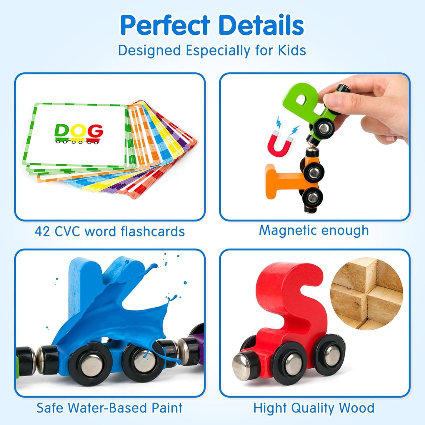 Helsort 27 PCS Wooden Alphabet Train Set, ABC Learning Toy with 42 Flash Cards, 1 Engine and Storage Bag, Educational Letter Toy Trains for Toddlers, Boys Girls, Ideal Gift for 3-7 Year Olds