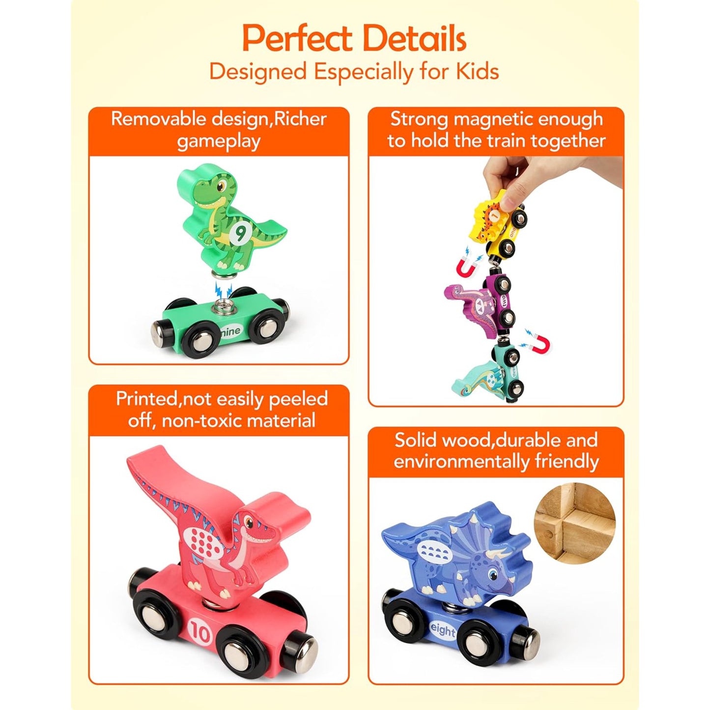 Wooden Dinosaur Train Set, Learning Dinosaur Toys and Number Train for Toddlers, Educational Montessori Toy for Counting and Motor Skills, for 3-5 Year Old Boys Girls